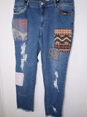 C Est. 1946 Denim Boho Patchwork Distressed Blue Jeans